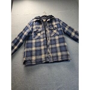 Boston Traders Mens Blue Plaid Quilted Flannel Hooded Shirt Jacket Size M